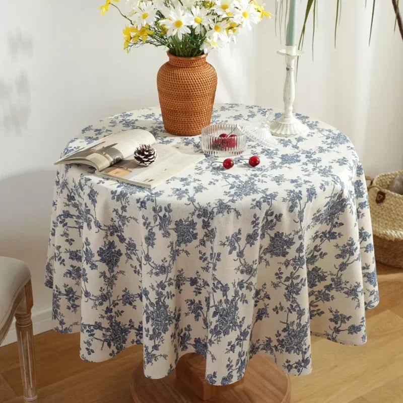 Floral Linen Cotton Tablecloth Pastoral Floral Rustic Washable Round Table Cover For Farmhouse Decor,Picnic,Tabletop Decor