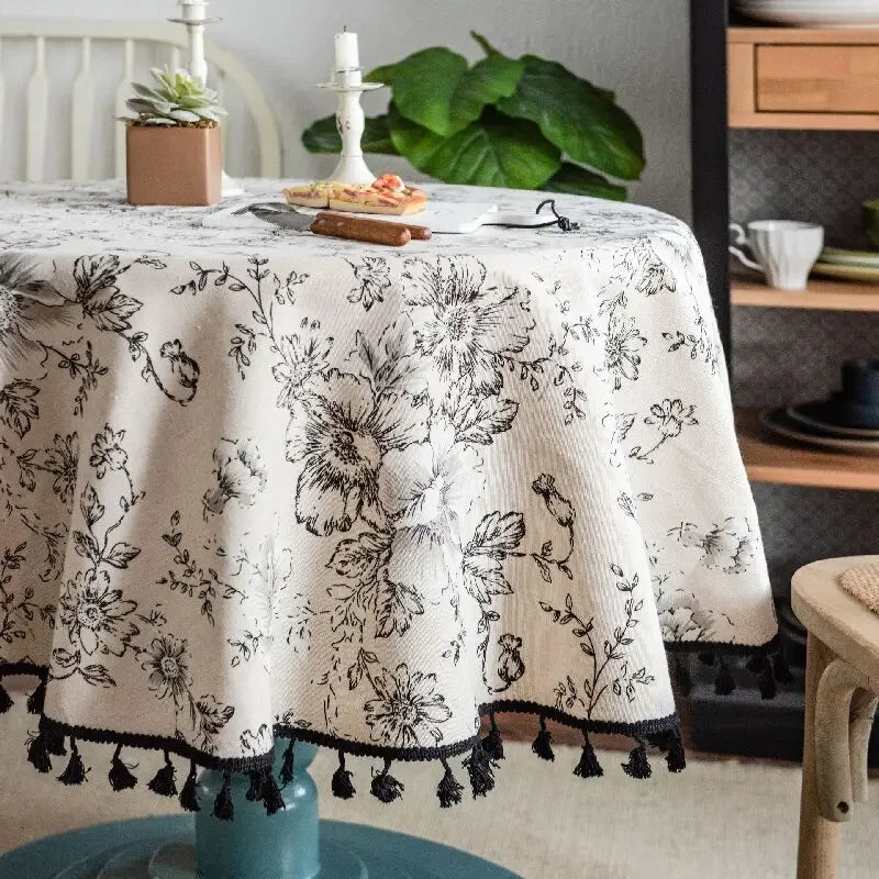 Floral Linen Cotton Tablecloth Pastoral Floral Rustic Washable Round Table Cover For Farmhouse Decor,Picnic,Tabletop Decor