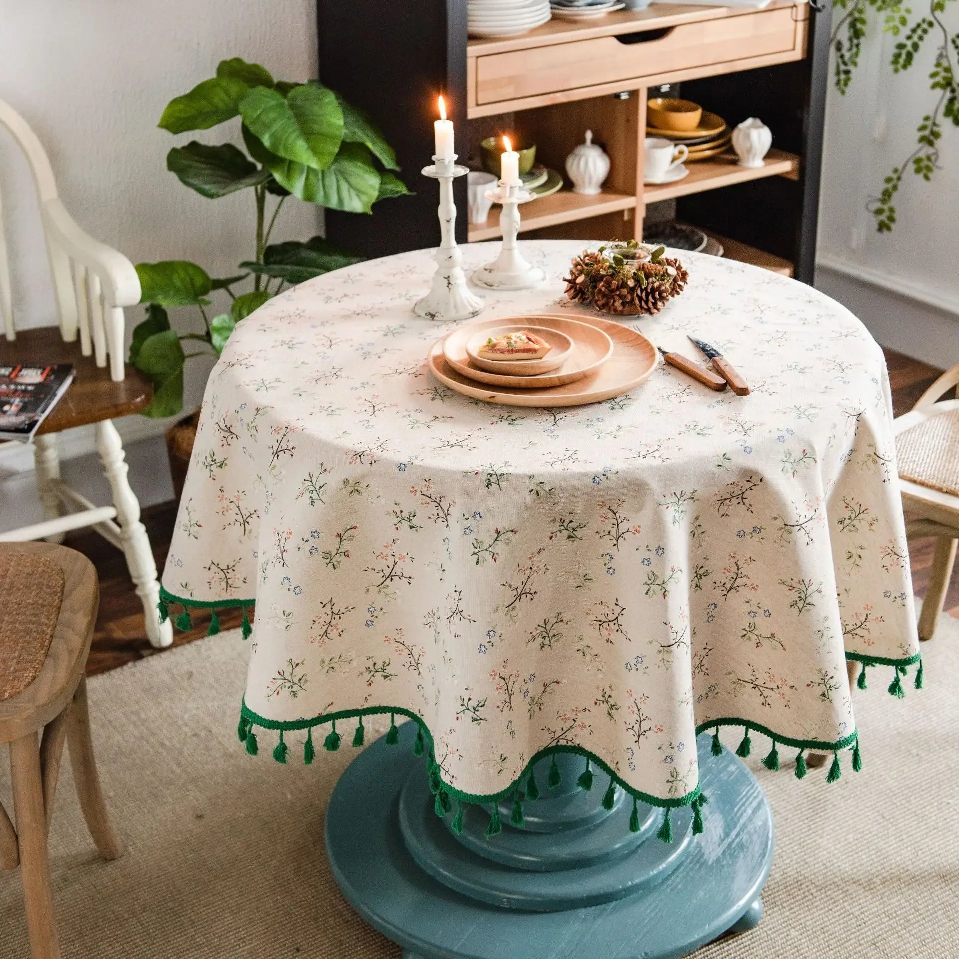 Floral Linen Cotton Tablecloth Pastoral Floral Rustic Washable Round Table Cover For Farmhouse Decor,Picnic,Tabletop Decor