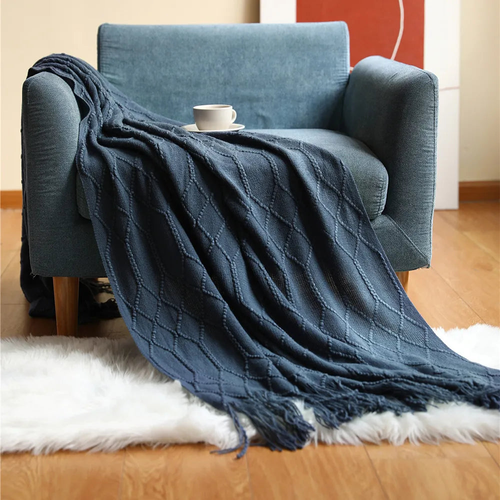 Khaki Gift Knitted Blanket with Tassels Chunky Vintage Luxury Farmhouse Throw Bedspread Oversized Blanket Cover Manta Para Sofá