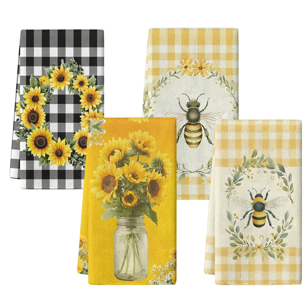 Bees, Sunflower, Wreath & Plaid Pattern Polyester Dish Towel, Kitchen Towel, Dish Cloth - Stylish Linen For Home Kitchen Daily Use
