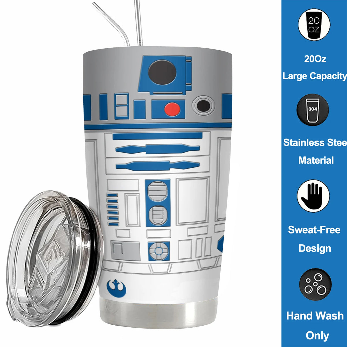 20Oz R2-D2 Robot Print Stainless Steel Vacuum Double Walled Insulated Tumbler with Straw and Lid Keep Cold Hot drink Car Cup