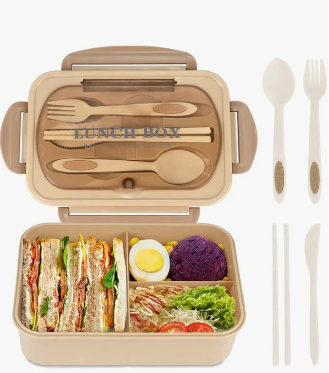 Adult set bento box, 3 compartments, cannot be placed in microwave or dishwasher (with knife, fork, spoon, and chopsticks)