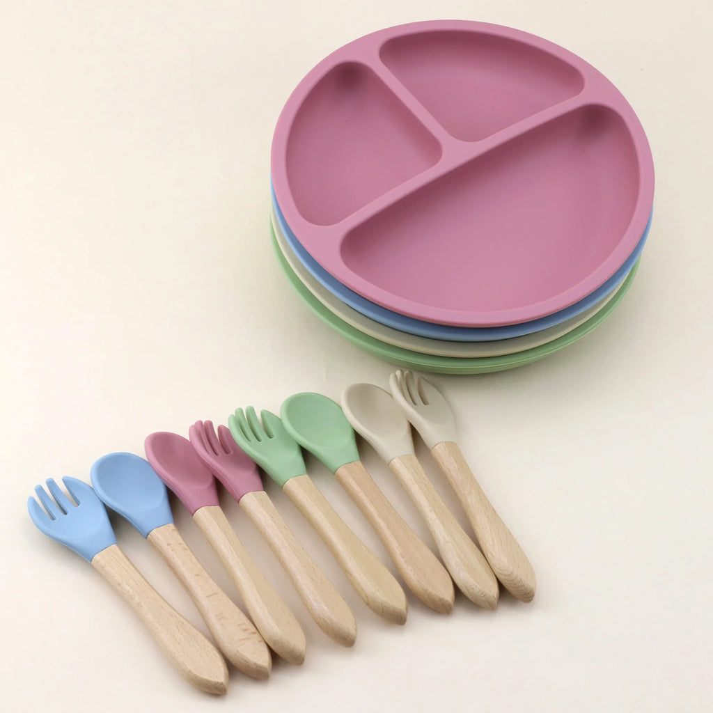 Food Grade Silicone Small Suction Cup Grid Plate, Baby Food Utensil, Wooden Handle Spoon Fork Three Piece Set