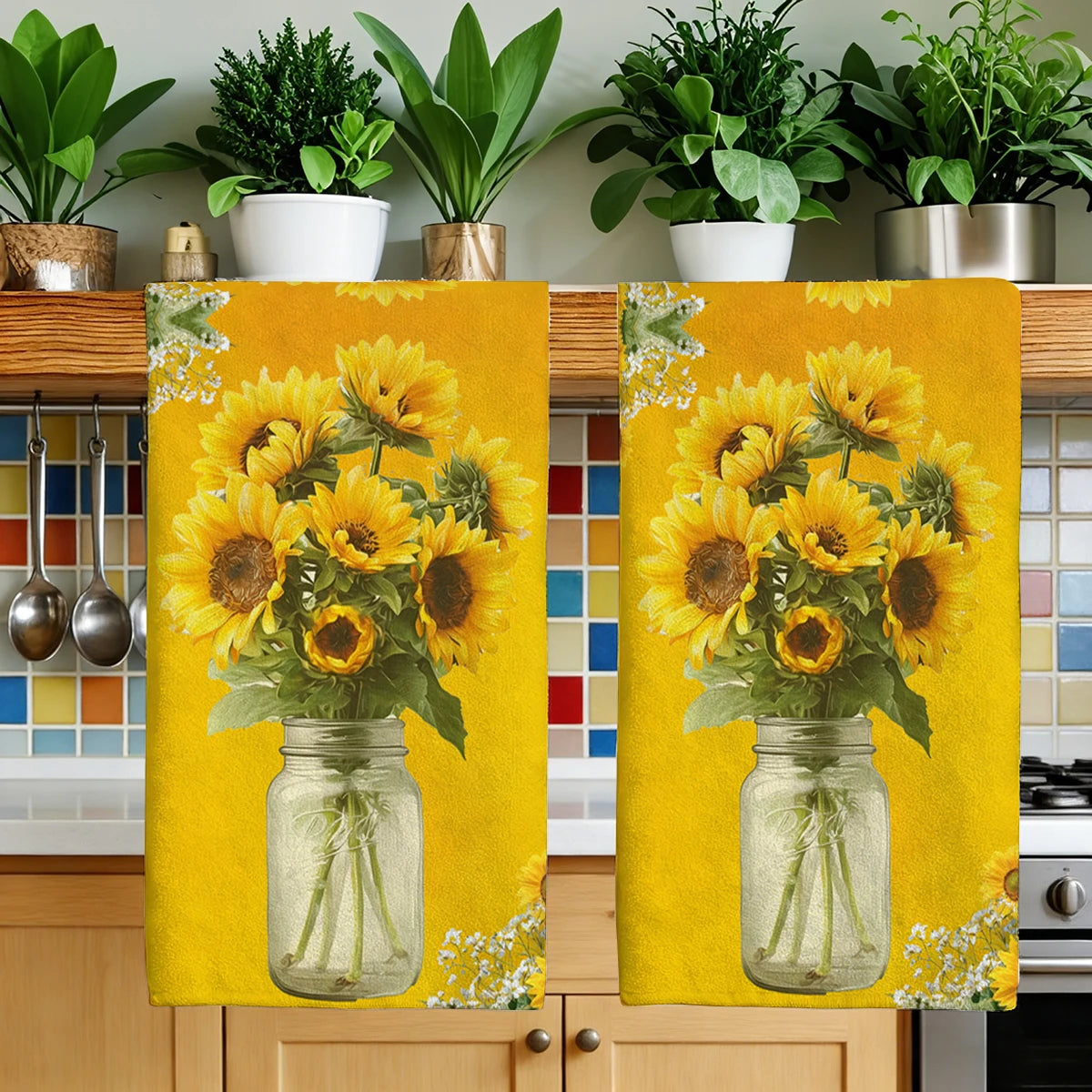 Bees, Sunflower, Wreath & Plaid Pattern Polyester Dish Towel, Kitchen Towel, Dish Cloth - Stylish Linen For Home Kitchen Daily Use