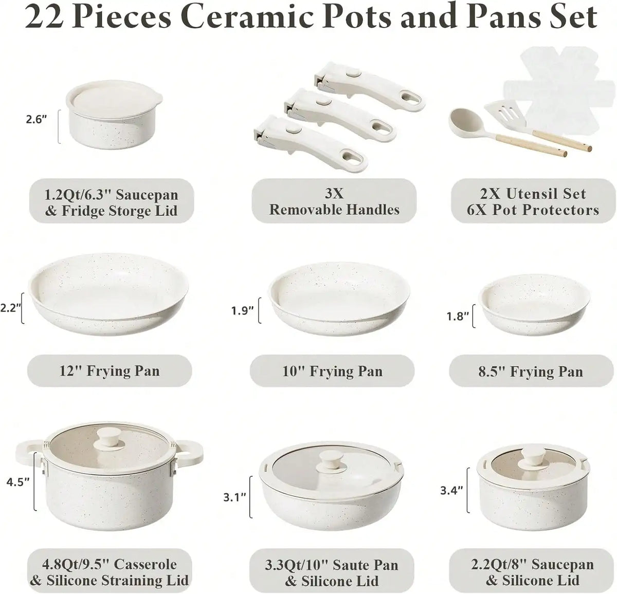 22 Piece Non Stick Ceramic Cookware Set With Removable Handles Induction Compatible Dishwasher Ptfe White Pots And Pans Set