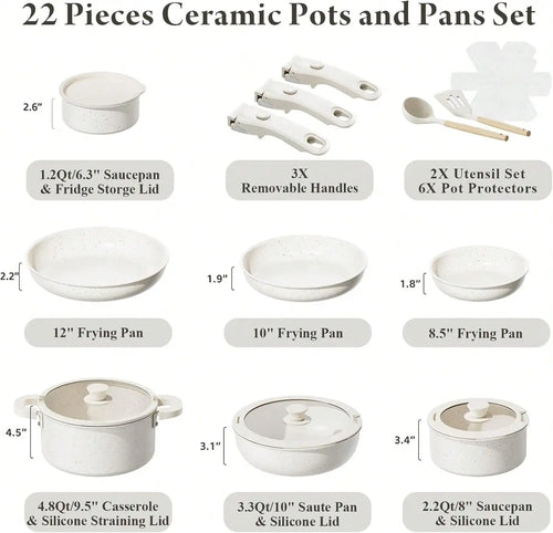 22 Piece Non Stick Ceramic Cookware Set With Removable Handles Induction Compatible Dishwasher Ptfe White Pots And Pans Set