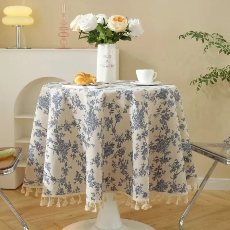 Floral Linen Cotton Tablecloth Pastoral Floral Rustic Washable Round Table Cover For Farmhouse Decor,Picnic,Tabletop Decor