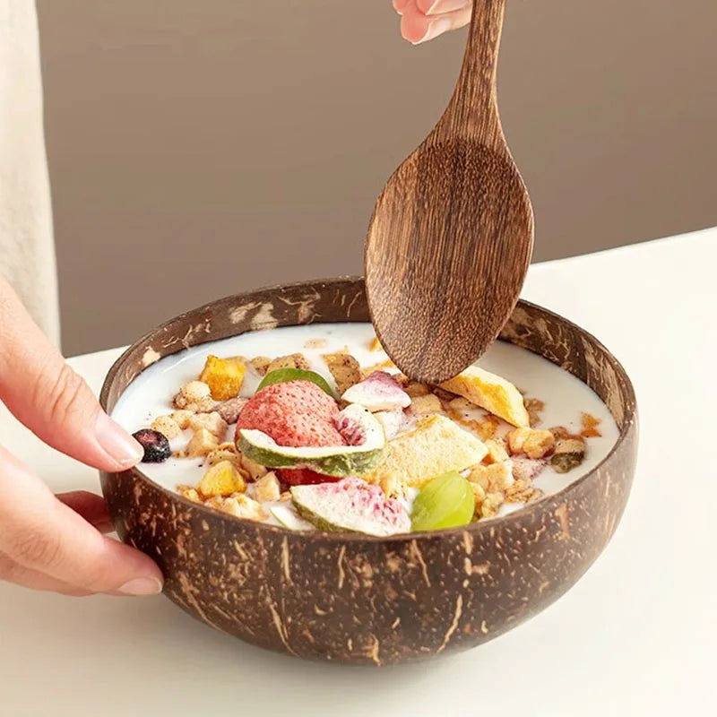 Coconut Shell Bowl Natural Old Coconut Shell Wooden Rice Bowl Spoon Fruit Product Dining Salad Storage Bowl Kitchen Tableware