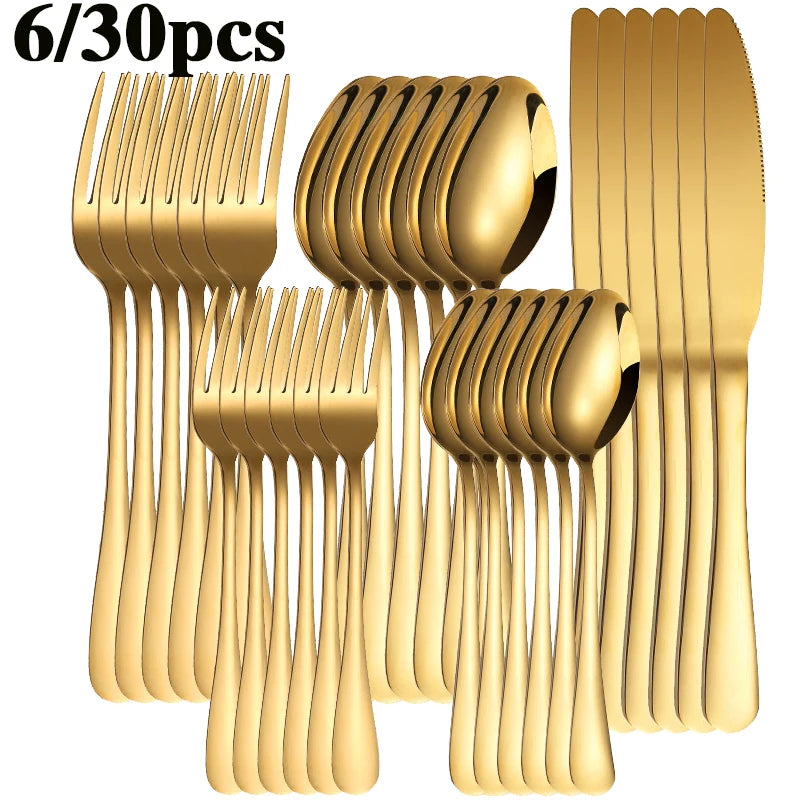 6/30pcs Stainless Steel Tableware Set, Including Knife, Fork, Knife, Tea Fork and Tea Spoon, Suitable for Holiday Parties.