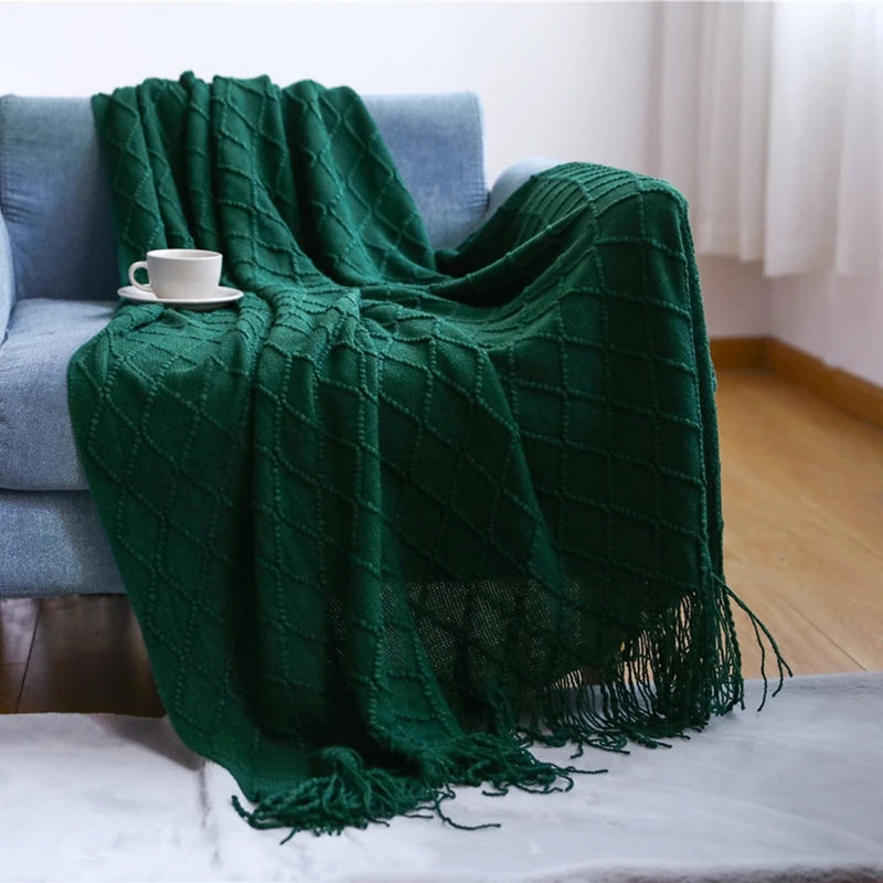 Khaki Gift Knitted Blanket with Tassels Chunky Vintage Luxury Farmhouse Throw Bedspread Oversized Blanket Cover Manta Para Sofá