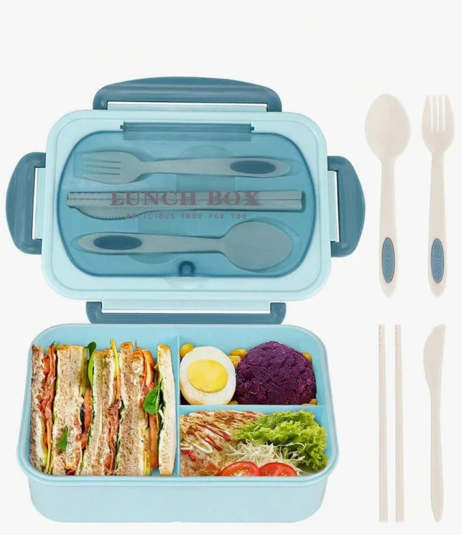 Adult set bento box, 3 compartments, cannot be placed in microwave or dishwasher (with knife, fork, spoon, and chopsticks)