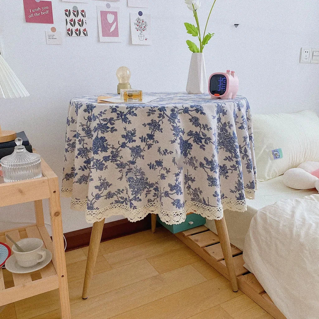 Floral Linen Cotton Tablecloth Pastoral Floral Rustic Washable Round Table Cover For Farmhouse Decor,Picnic,Tabletop Decor
