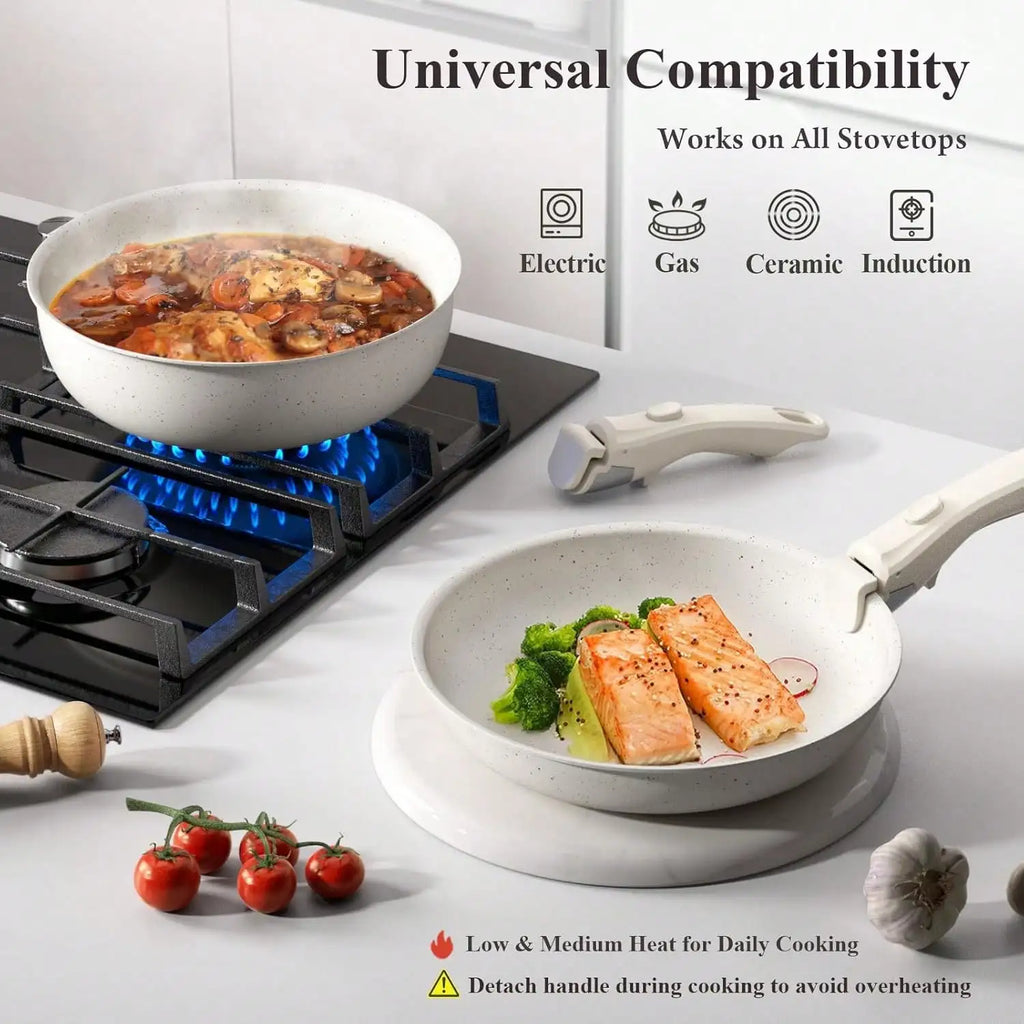 22 Piece Non Stick Ceramic Cookware Set With Removable Handles Induction Compatible Dishwasher Ptfe White Pots And Pans Set